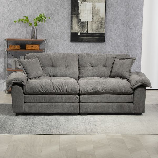 Sofa 214 x 89 x 93 cm Grau mit Chenille, Memory-Schaum, Taschenfedern und zwei Kissen