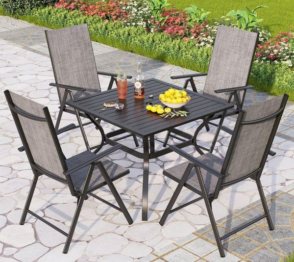 PHI VILLA Garten-Essgruppe, (Outdoor Terrassenmöbel Set mit 7 Verstellbaren Garten Klappstühle, Wetterfest Gartentisch mit Stühlen), 5 PCs Gartenmöbel Set
