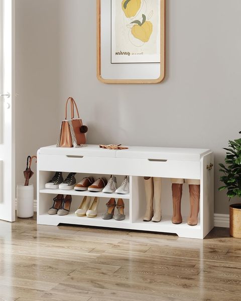 Schuhbank, Schuhregal mit 2 gepolsterten Regalbänken, multifunktional, für Wohnzimmer, Flur, Schlafzimmer, 150 kg, 30 x 105 x 48 cm, weiß