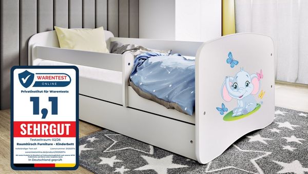 Raumhirsch Furniture Kinderbett 70x140, 80x160, 80x180 cm - Komplettset mit Matratze & Schublade (Bett für Mädchen, Einzelbett Kinder 2–12, mit Rausfallschutz & Lattenrost), verschiedene Farben & Designs