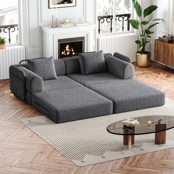 Schlafsofa mit Ablagefach & Stahlrahmen, wandelbarer Einzelsitz Sofa Bett mit rutschfester Unterlage,2-Sitzer,Grau