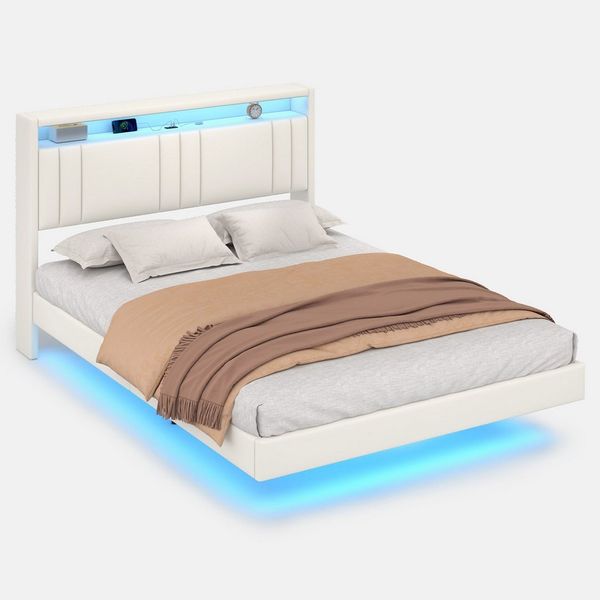 MSMASK Bettgestell Bett Bettgestell 140x190cm, Bettrahmen mit LED-Beleuchtung, PU Weiß