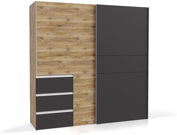 Möbel-Eins CESSANDRA Schwebetürenschrank, Material Dekorspanplatte Flagstaff eichefarbig / dunkelgrau