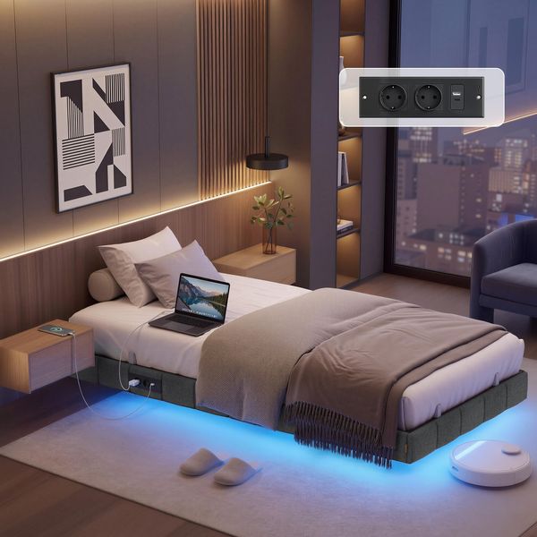 VASAGLE Bettgestell 90x200 cm, schwebender Effekt, LED-Beleuchtung, gepolsterte Seitenwände, 2 AC-Steckdosen, 2 USB-A-Anschlüsse, 1 USB-C-Anschluss, bis 250 kg belastbar, schiefergrau RMB162G101