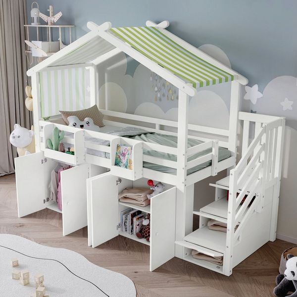 Flieks Hochbett Kinderbett 90x200cm mit Vorhang, Kleiderschrank und Stauraumtreppe