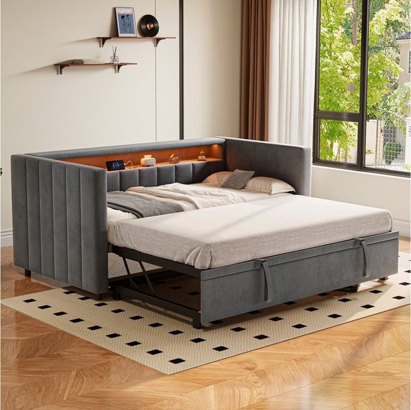REDOM Schlafsofa mit Samtbezug, LED-Licht und integriertem Stauraum, Polsterbett Gästebett 90x190 & 180x190 cm, ohne Matratze