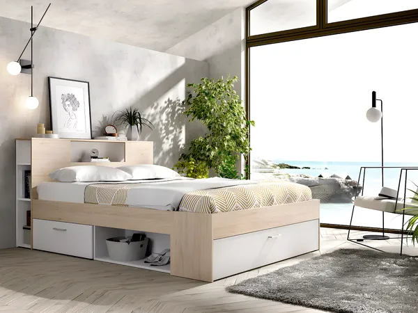 Vente-unique - LEANDRE Bett Holz, Platte BeigeWeiß - B 149,6 cm x H 95 cm x L 218,5 cm