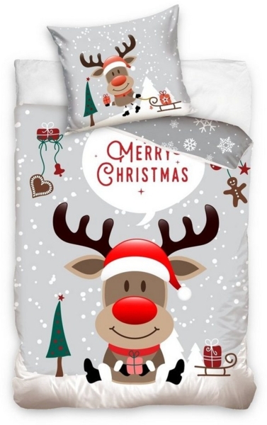 MTOnlinehandel Bettwäsche Weihnachten "Rentier mit roter Nase" Merry Christmas Winter Bettwäsche, Renforcé, 2 teilig, 135x200 + 80x80 cm 2 tlg, 100 % Baumwolle in Renforcé