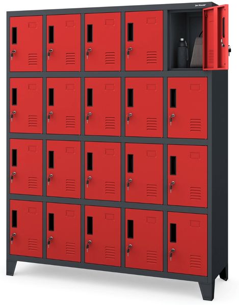 Schließfachschrank Spind ROBERT - 20 Fächer, Etikettenhalter Lüftungsschlitze | Wertfachschrank Umkleideschrank Metall Kleiderspind, 172x136x45cm Anthrazit-Rot