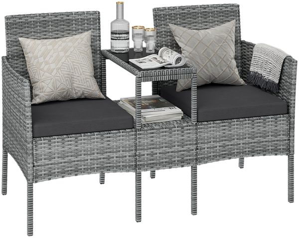 STEELSØN 'Velara' Polyrattan Gartenbank 2er-Sitzer mit Tisch, grau-meliert/anthrazit, 81x65x135 cm, wetterfest und UV-beständig, stabile Sitzbank
