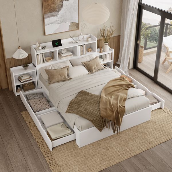 Merax Doppelbett, mit 2 ausziehbaren Nachttischen, mit Ablagefächern, mit Handyladefunktion (TYPE C Schnittstelle und Wireless Charging), mit Schubladen, Holz weiß, 140x200 cm