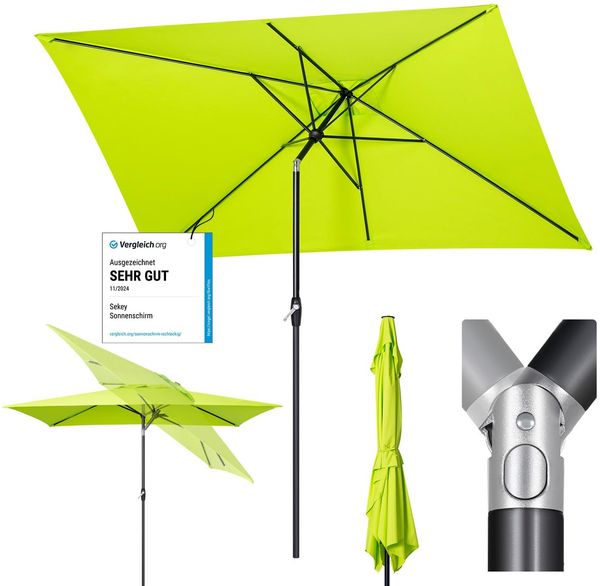 Sekey Aluminum Sonnenschirm mit Kurbel und Knicker, 200 × 300 cm Sonnenschirm Balkon, Rechteckig für Balkon Garten & Terrasse Sonnenschutz UV 50+, Apfelgrün
