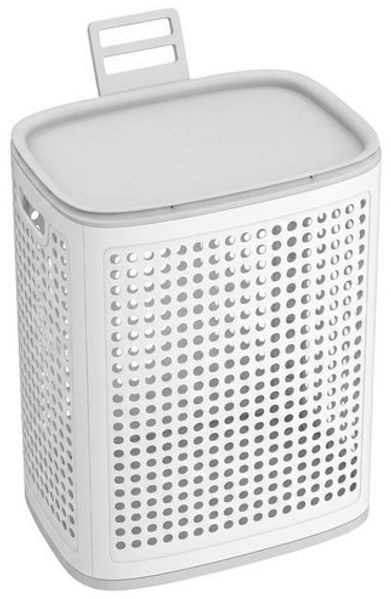 SONGMICS Wäschekorb Plastik, 75 L Wäschesammler, Wäschebox mit Deckel, schmale Wäschetonne für Bad, Waschküche, weiß-grau