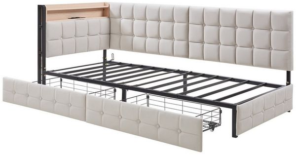 OKWISH Schlafsofa Kinderbett Polsterbett, mit LED-Licht & USB, 2 Schubladen, 90x200 cm, Multifunktionales gepolstertes Kinder-Schlafsofa, ohne Matratze