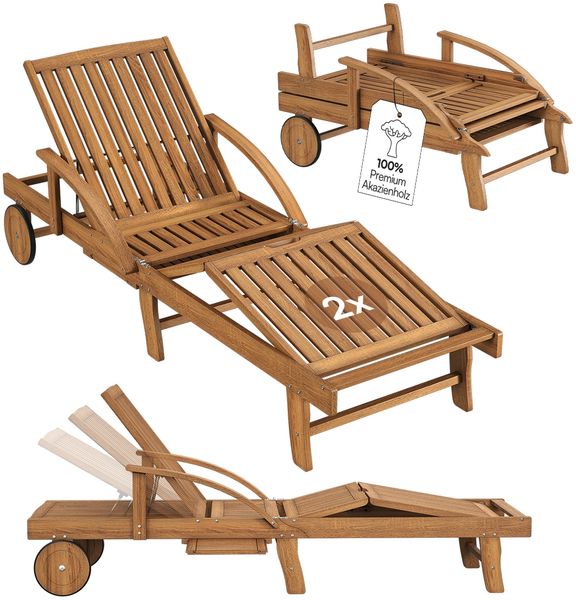 STEELSØN 'Mintaka' Sonnenliege mit Rädern, Akazienholz, UV- und wetterfest, klappbar, Gartenliege mit verstellbarer Kopflehne und Fußablage, Klappliege mit Rädern, 2er Set