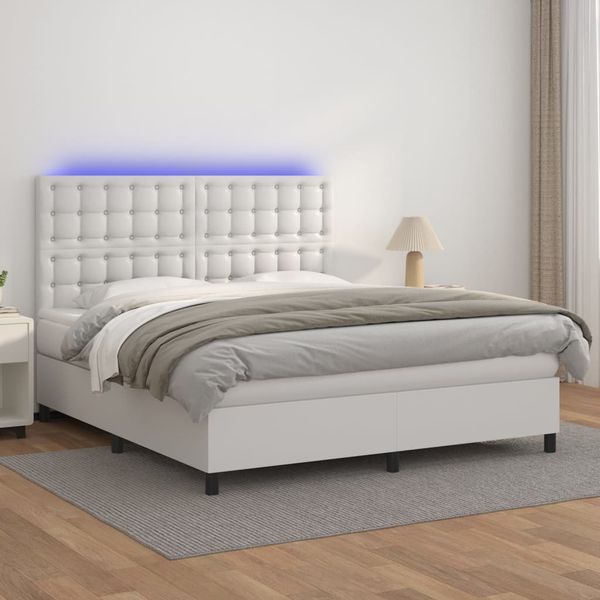 vidaXL Boxspringbett mit Matratze & LED Weiß 160x200 cm Kunstleder 3135952