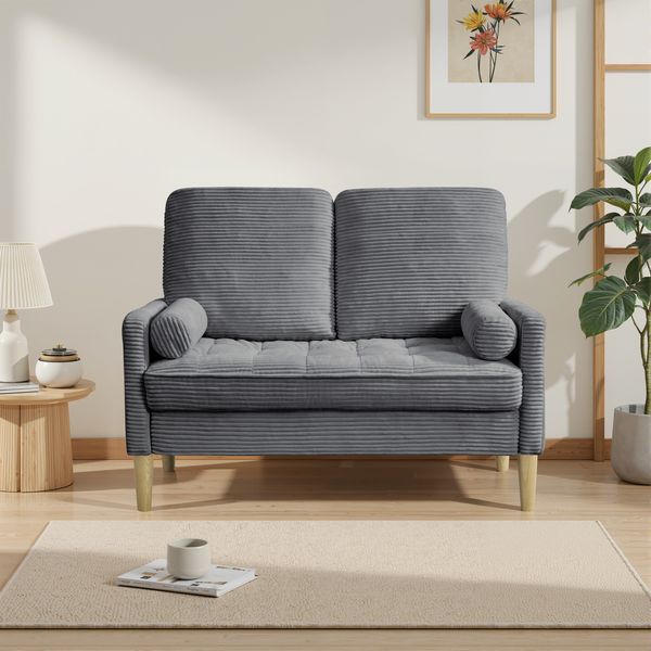 Sofa in Grau, Cordbezug, skandinavisches 2-Sitzer-Loveseat mit Holzbeinen,87 x 121 x 76 cm