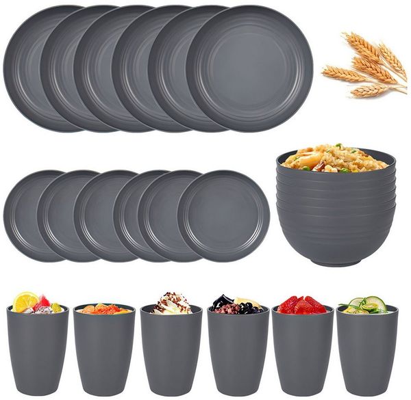 HEYHIPPO Frühstücks-Geschirrset Spülmaschinenfestes 24-tlg. Geschirrset mit Tellern, Schalen, Bechern, 6 Personen, Leichtes, bruchsicheres Geschirrset für 6 Personen, ideal für Picknick