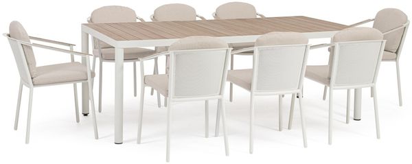 Garten-Set Ulises aus Aluminium, modern mit Esstisch und 8 Stühlen, beige weiß gepolstert, Outdoor