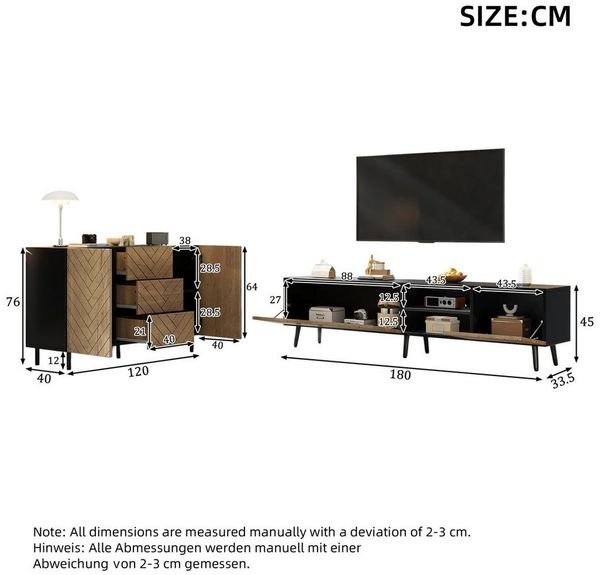 Merax Wohnzimmer-Set Wohnwand Kombination, (2-St), TV Bank & Sideboard Set mit Schubladen und Türen, Holzoptik/Schwarz Bild 4
