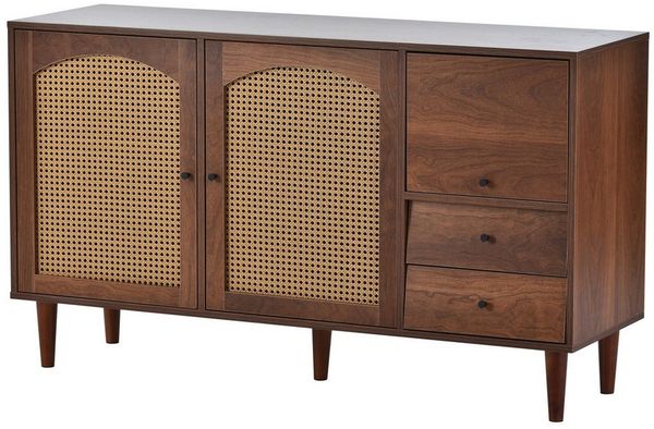 KLAM HOME Sideboard Kommode Mit Rattan Einsatz 130*75.5*40 cm (mit 3 Türen und 2 unregelmäßigen Schubladen), Esszimmer Anrichte Sideboard Küchenschrank Aufbewahrungsschrank