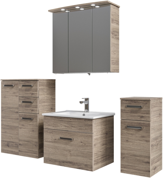 Pelipal Badmöbel-Set Quickset 313, Sanremo Eiche - Keramikwaschtisch, Waschtischunterschrank, Spiegelschrank, Unterschrank, Unterschrank