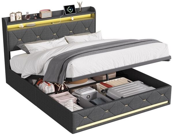 PXloue Polsterbett LED Doppelbett, Bettkasten, Ladefunktion, Leinen, 140x200 cm