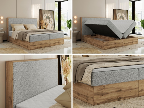 Doppelbett, Boxspringbett mit Bettkästen, Multipocket-Matratze und Topper, Set mit Kopfteil, Eiche Wotan Holzrahmen - WOOD CLASSIC - 200 x 200 cm - Hellgrau Struktur - H3 Bild 2
