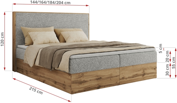 Doppelbett, Boxspringbett mit Bettkästen, Multipocket-Matratze und Topper, Set mit Kopfteil, Eiche Wotan Holzrahmen - WOOD CLASSIC - 200 x 200 cm - Hellgrau Struktur - H3 Bild 6