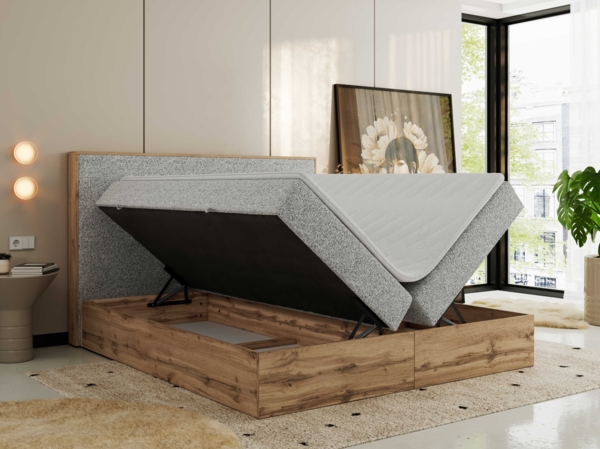 Doppelbett, Boxspringbett mit Bettkästen, Multipocket-Matratze und Topper, Set mit Kopfteil, Eiche Wotan Holzrahmen - WOOD CLASSIC - 200 x 200 cm - Hellgrau Struktur - H3 Bild 4