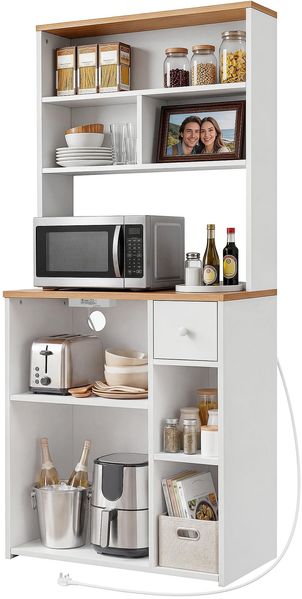 YITAHOME küchenregal mit Steckdose, 2 AC-Steckdosen, 2 USB-Anschlüssen, kaffeebar arbeitsplatte, Regal küche mit schubladen,schmales Regal 75 cm breit, Mikrowellenregal, 75 x 40 x 170 cm, Eiche und Weiß