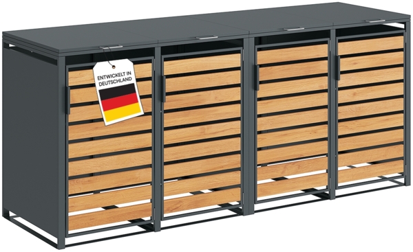 STEELSØN 'Kestra' Mülltonnenbox für 4 Tonnen je 120 Liter, anthrazit mit Holzoptik, Mülltonnenverkleidung aus Stahl, wetterfest, 102x62x234 cm