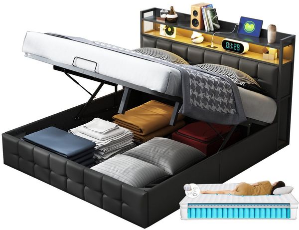ADWOLT Polsterbett Doppelbett Stauraumbett Mit Bettkasten, 160x200 cm,LED-Licht und USB + Typ-C,Mit Matratze,Kunstleder,Schwarz