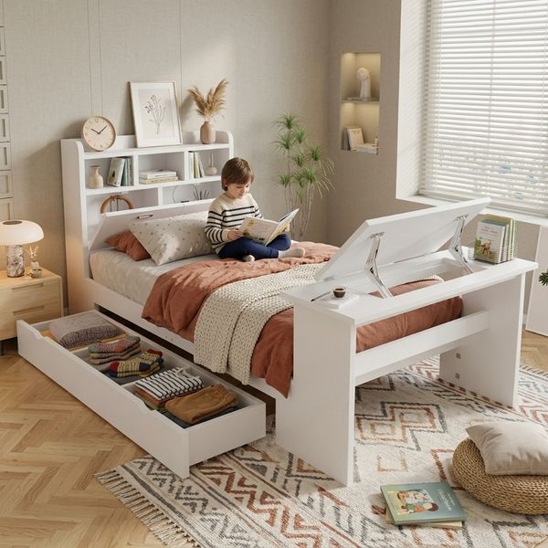 Novelux Kinderbett 90x200 mit Stauraum, Kopfteilregal und Klapptisch – Jugendbett aus Holzwerkstoff in Weiß, Bettgestell mit Schublade und Lattenrost