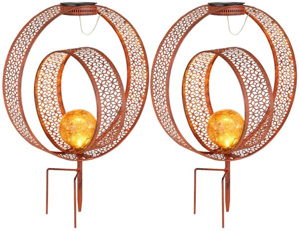 2x LED Solarleuchte, Erdspieß, Crackle-Glas, rost, H 42 cm