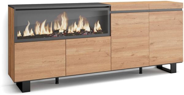 Skraut Home | Sideboard, Highboard | Kommode, Komodenschrank | 210 | 4 Türen | Elektrokamin XXL | Industriedesign | Moderner Stil | Eiche