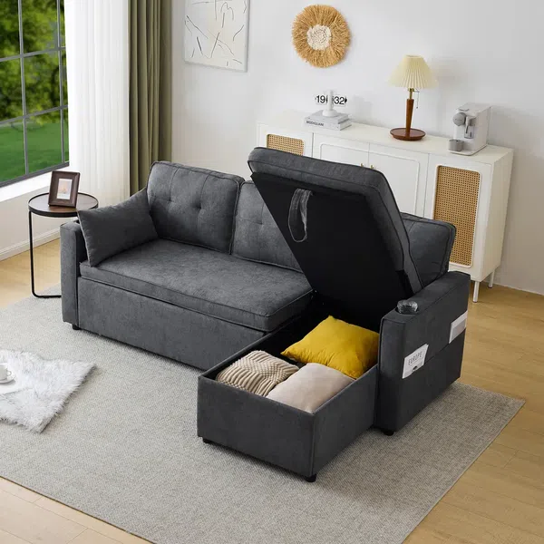 Ecksofa mit Bettfunktion, Stauraum, Zier- und Rückenkissen, Leinen
