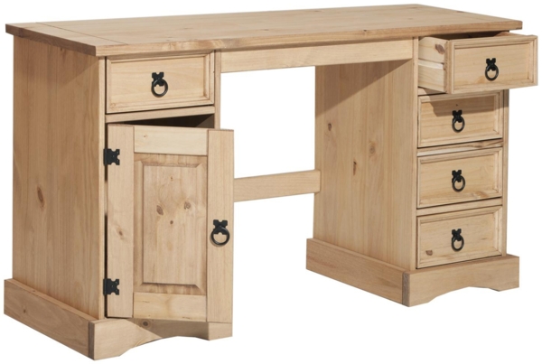 Schreibtisch 140 x 48 cm aus massivem Kiefernholz Natur mit 5 Schubladen und Tür