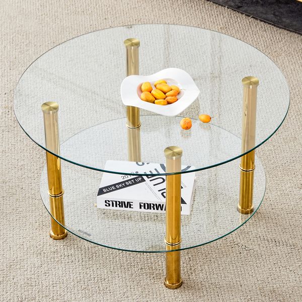 Couchtisch 2-stufig, H 42 x T 70 x B 70 cm, gehärtetes Glas & Metallgestell in Gold, modern