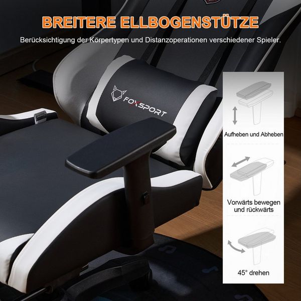 FOXSPORT Gaming-Stuhl inkl. Rücken- & Nackenkissen, ergonomischer Bürostuhl (Computer Stuhl mit Racing-Design, Drehstuhl mit 3D-Armstützen und verstellbarer Fußstütze, 150° verstellbare Rückenlehne, 1 St), 360° drehbar, 10 cm Höhenverstellung, belastba...