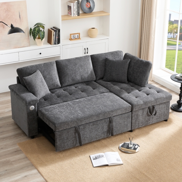 Merax L-Sofa mit ausziehbarem Schlafsofa mit Schlaffunktion, ausgestattet mit Stauraum, USB-Ladegerät, Armlehnen-Stauraum und 2 Kissen, grau