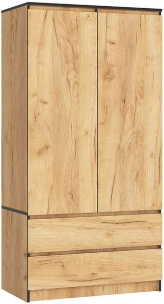 AKORD Zweitüriger Kleiderschrank S 90 cm 2 Schubladen mit Regalen und Einer Kleiderstange für EIN Schlafzimmer Kleiderschränke Minimalistischer Stil Schichtstoffplatte 16 mm | Eiche Craft