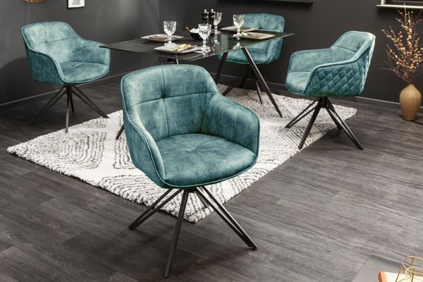 invicta INTERIOR Drehbarer Design Stuhl Euphoria Petrol Samt im Retrostil mit Ziersteppung