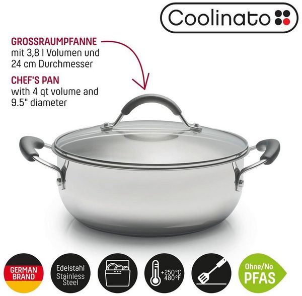 Coolinato Bratpfanne Coolinato Grossraumpfanne 24cm / 3,8l aus Edelstahl – unbeschichtet, (1-tlg)