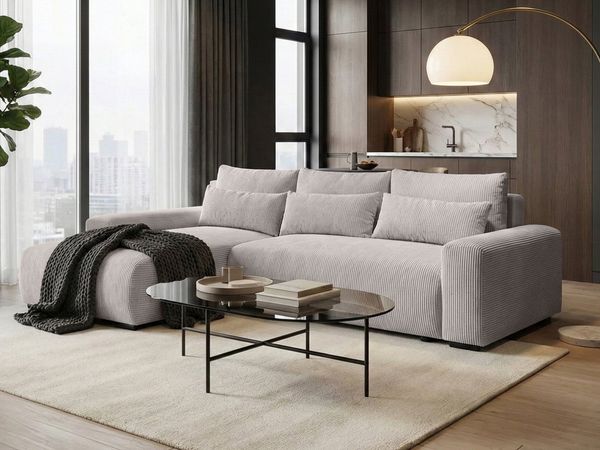 Beautysofa Ecksofa Benny mit Schlaffunktion und Bettkasten, modernes Cord-Sofa POSO in Beige, Liegefläche: 140 × 218 cm