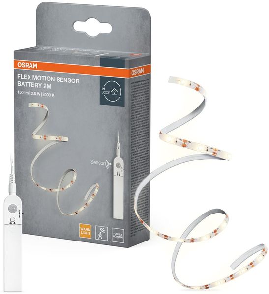 Osram FLEX MOTION SENSOR batteriebetriebener LED-Streifen mit warmweißem Licht und Bewegungssensor, 2m, 3.6W, 150lm, 3000K, 830 warmweiß, nicht dimmbar, IP20, Leuchtmittel nicht austauschbar
