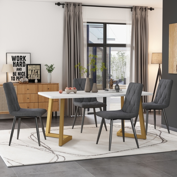 Essgruppe 5-teilig mit Marmoroptik Tisch 117×68 cm & 4 Grau Leinenstühlen,Esszimmer-Set für Küche und Wohnzimmer