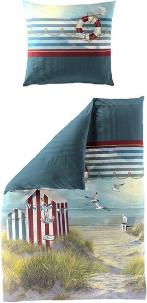 Bettwäsche Bierbaum Mako Satin 5257-20 Strandhaus Maritim blau 135x200