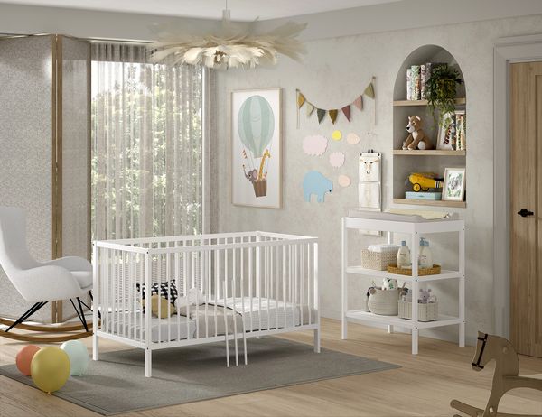 Set aus Baby/Juniorbett und Wickelregal Dino 144.0 x 84.4 x 75.5 cm Buche Weiß