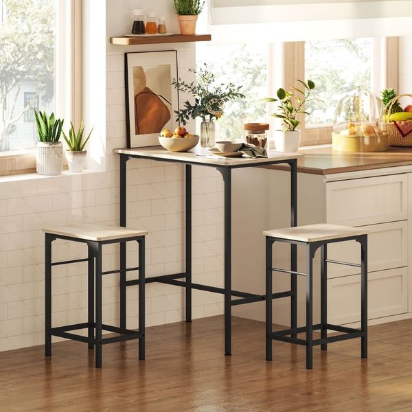 Bartisch-Set 80x50x87 cm mit 2 Hockern 40x30x57 cm, Stahlgestell und Holzoptik